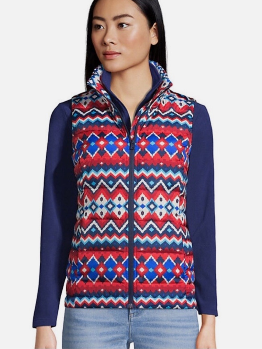 Lands' End Ivory Chevron Puffer Vest in Red & Blue
